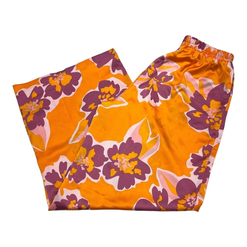 Rebdolls Catalina Wide Leg Satin Pant Orange Floral Pull On‎ Womens L Tropical